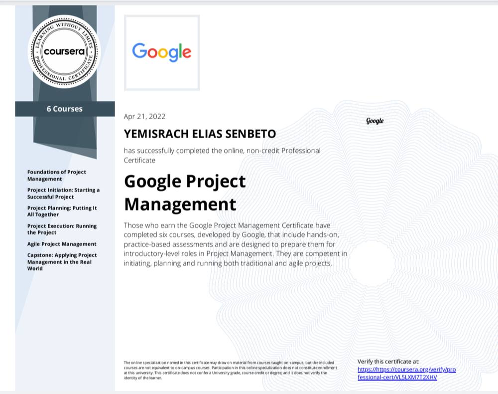 Google Project Management — Professional Certificate certificate
